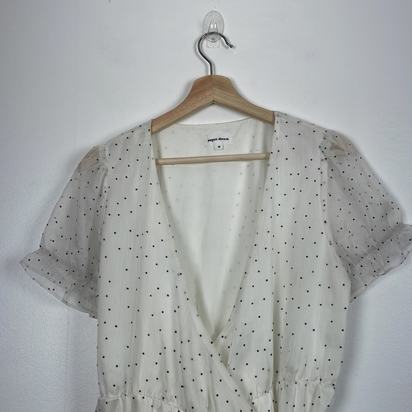 Super down short sleeve black white polka dot ruffle hem lined wrap mini dress - Picture 5 of 11